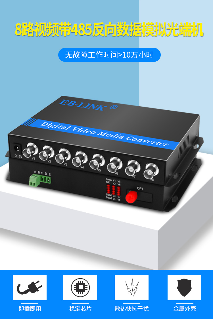 8-channel video + 1-channel reverse 485 data video optical transceiver