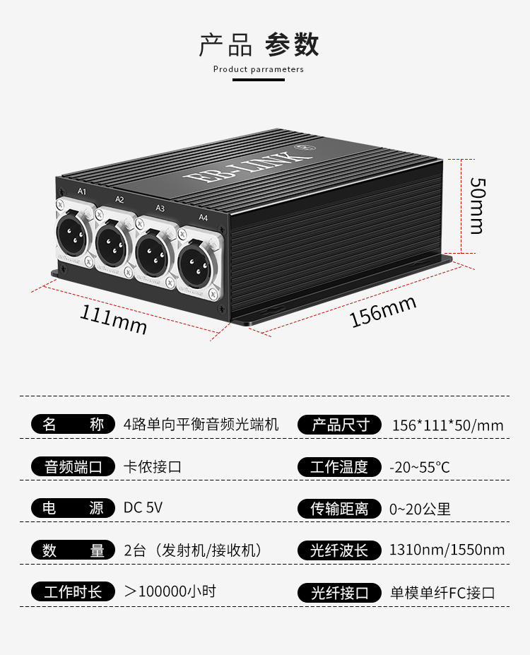 4-way unidirectional balanced audio optical transceiver
