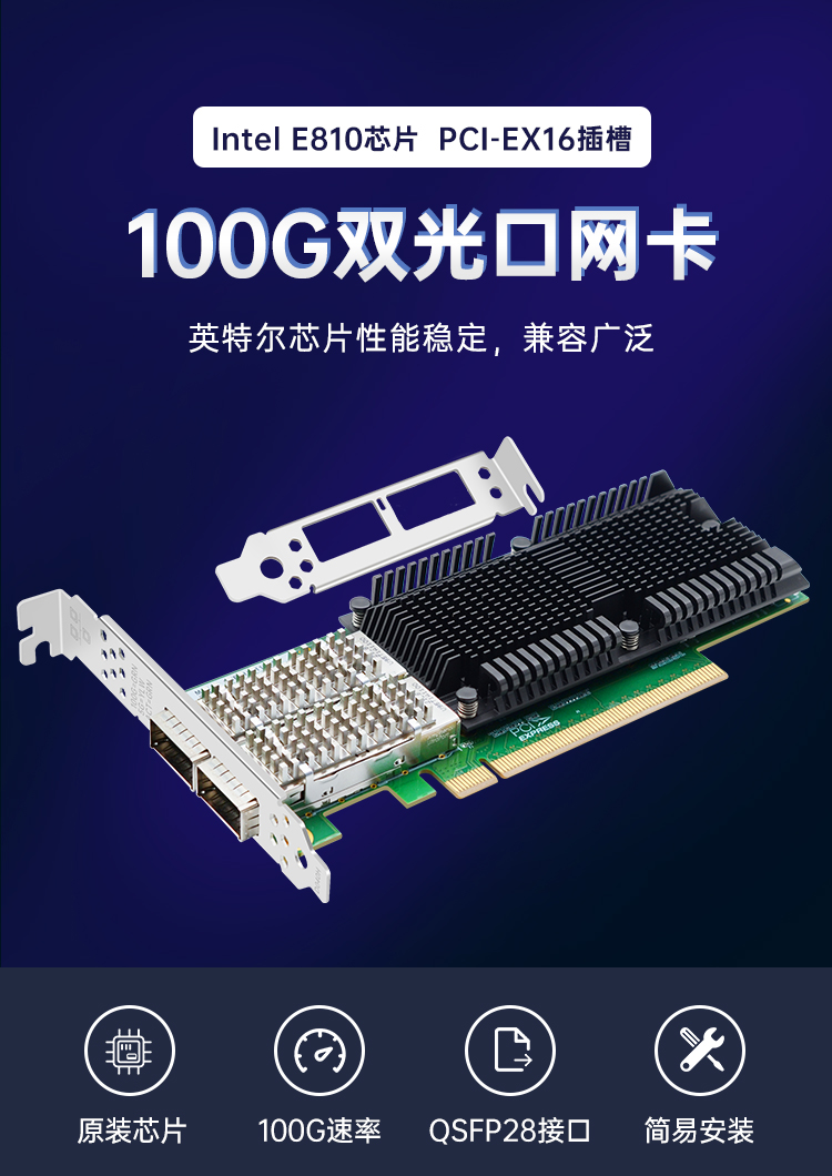 PCI-EX16 100G dual optical port fiber optic network card (Intel Intel E810 chip)
