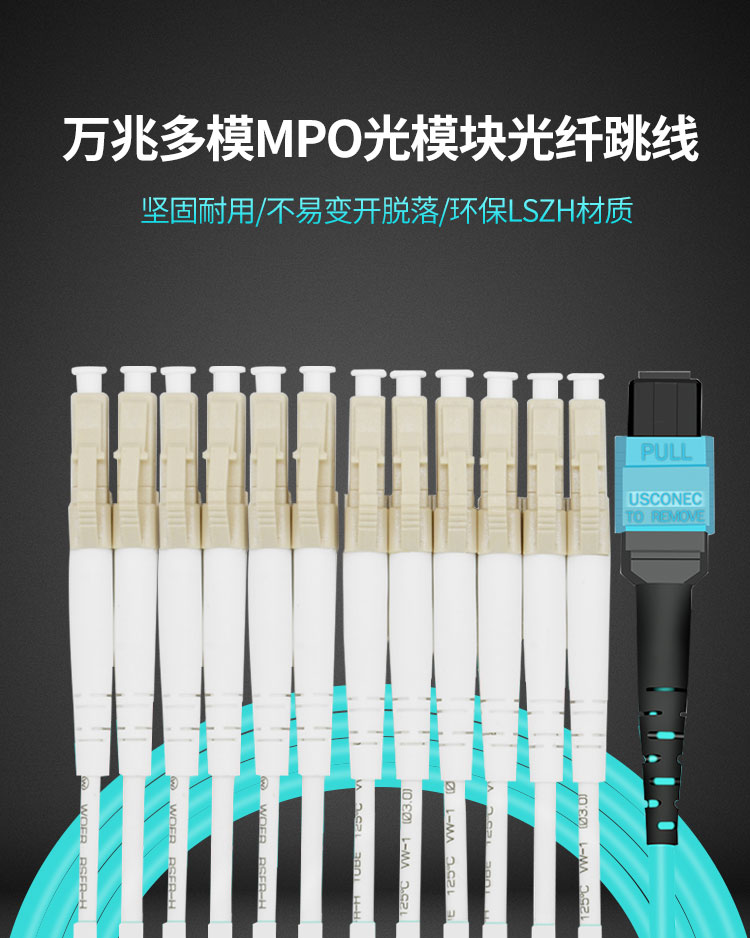 MPO-LC multimode 12-core fiber optic patch cord