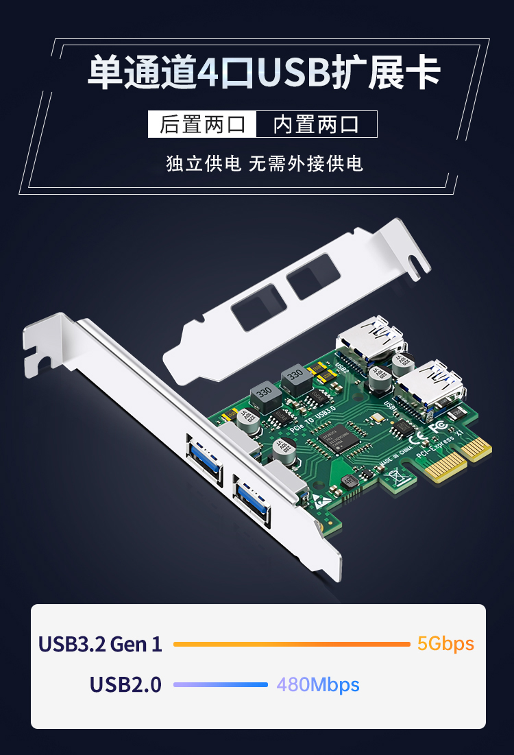 PCI-E to 4-port USB3.0 expansion card, rear 2 ports + built-in 2 ports (small chassis without power supply)