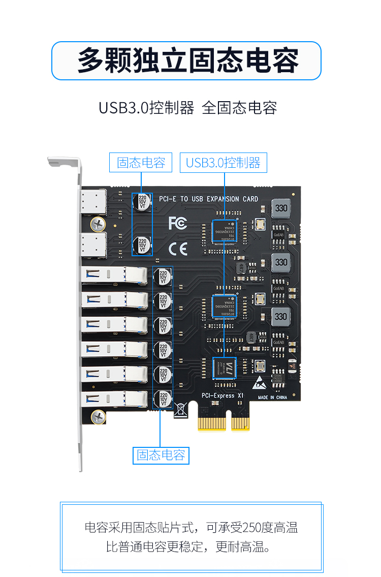 PCI-E to 6-port USB+2-port Type-C (power-free) expansion card