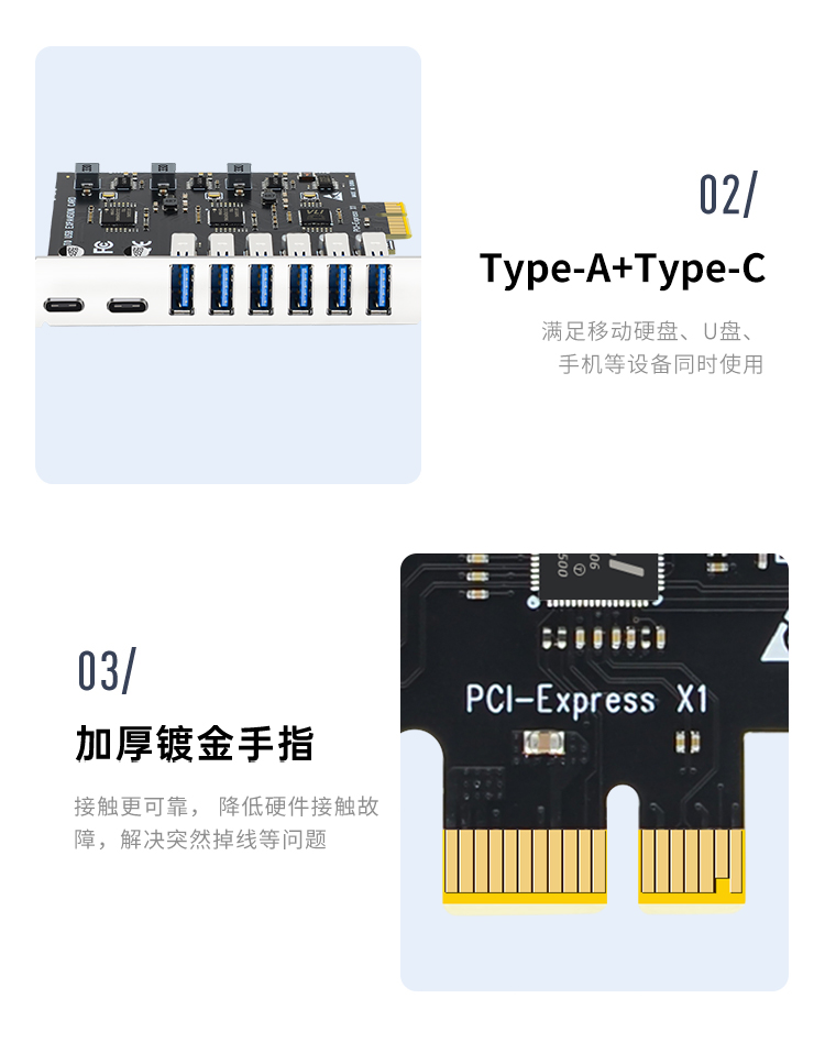 PCI-E to 6-port USB+2-port Type-C (power-free) expansion card