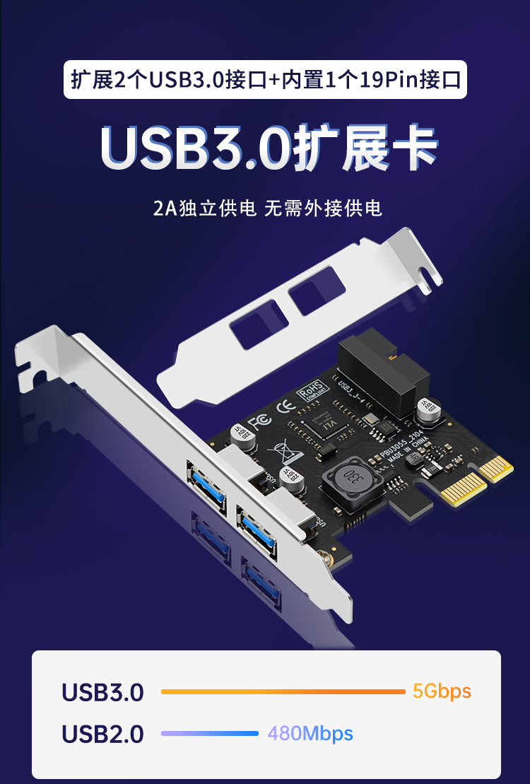 PCIE to 4-port USB3.0 expansion card, rear 2 ports + front 19PIN interface (2A power-free small chassis)