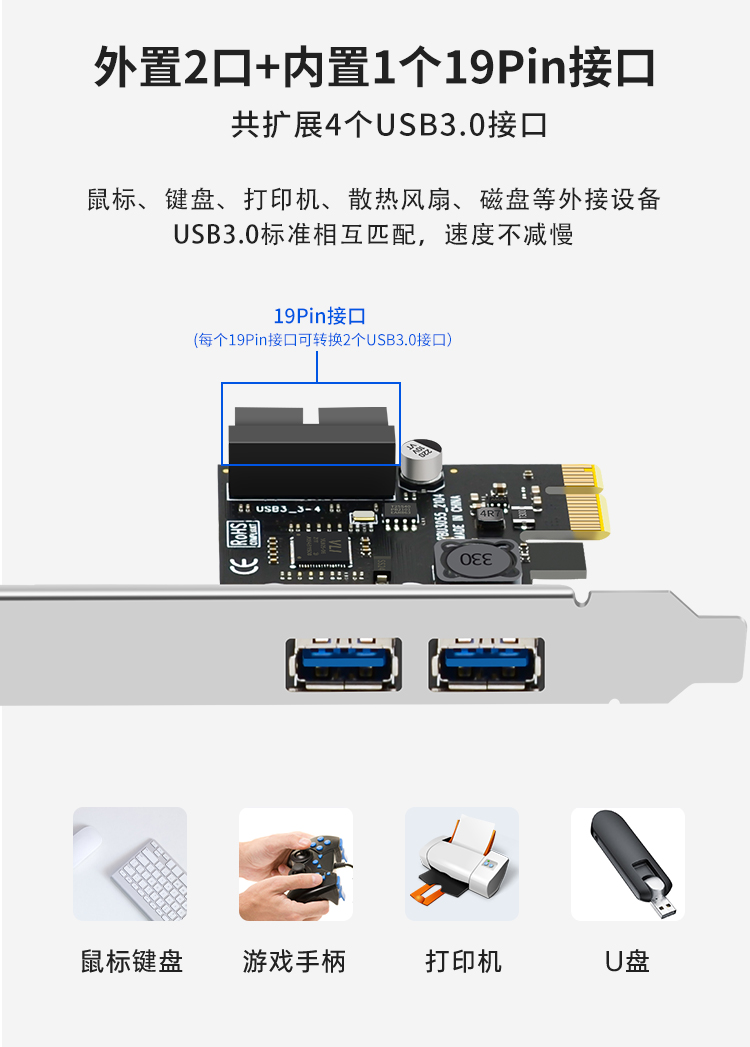 PCIE to 4-port USB3.0 expansion card, rear 2 ports + front 19PIN interface (2A power-free small chassis)