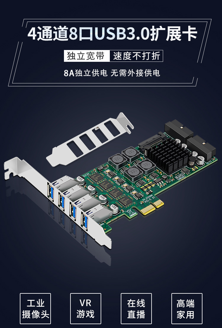 PCI-E X1 to 8-port USB3.0 expansion card (front 4 ports + rear 4 ports) independent four channels
