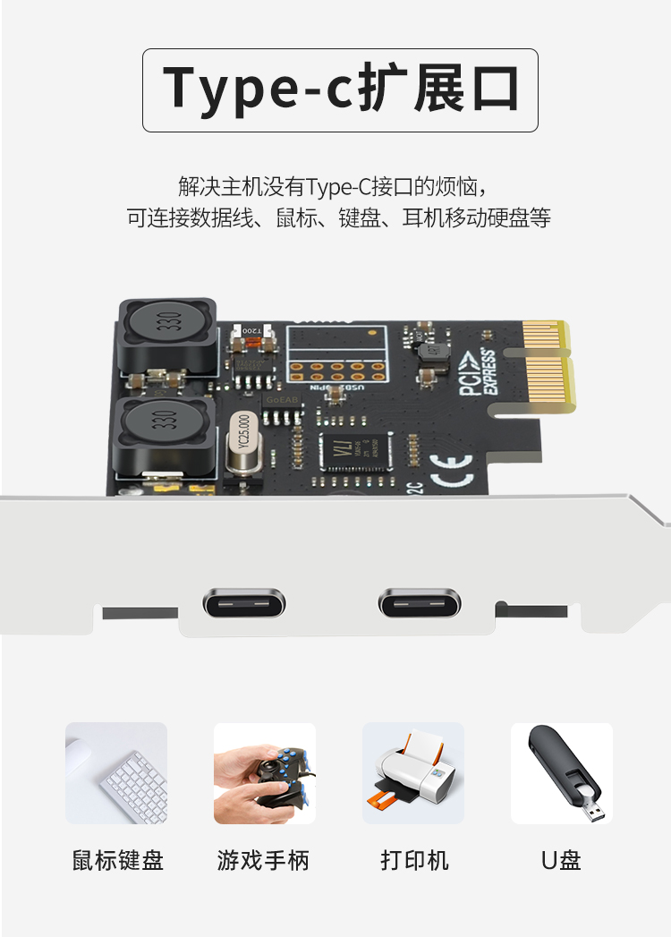 PCI-E to 2-port Type-c expansion card (4A power-free)