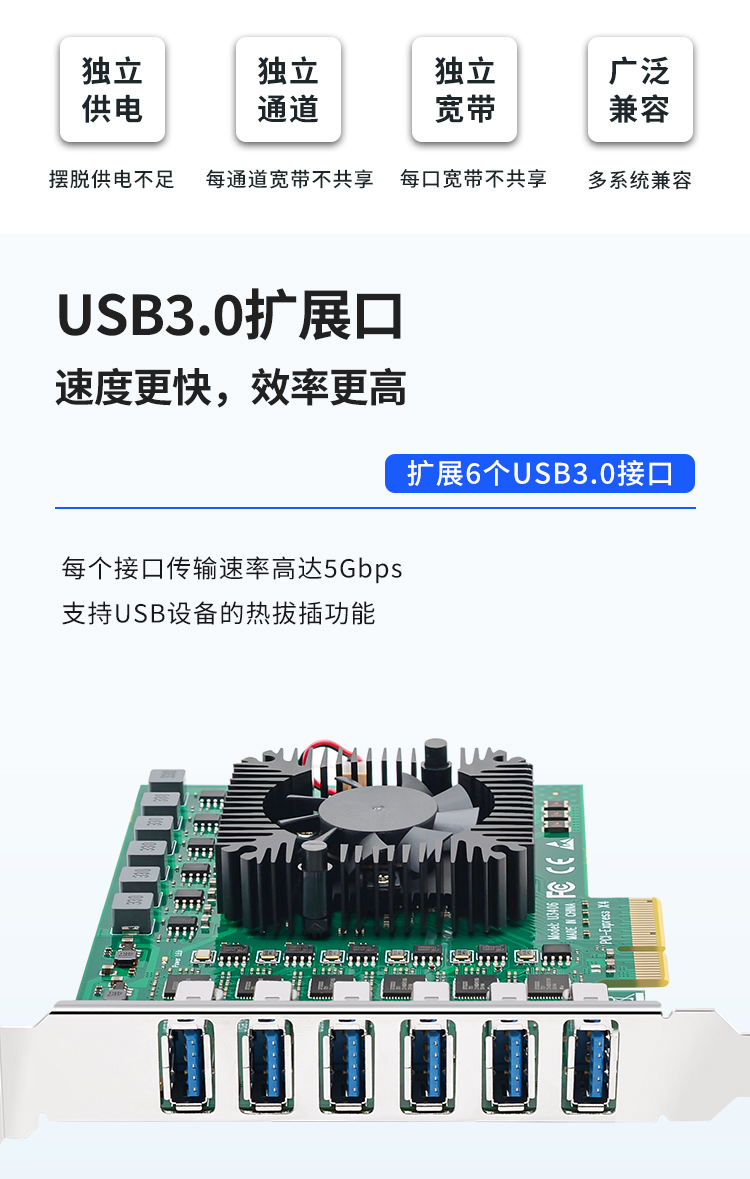 PCI-E X4 to 6-port USB3.0 expansion card (independent six channels)