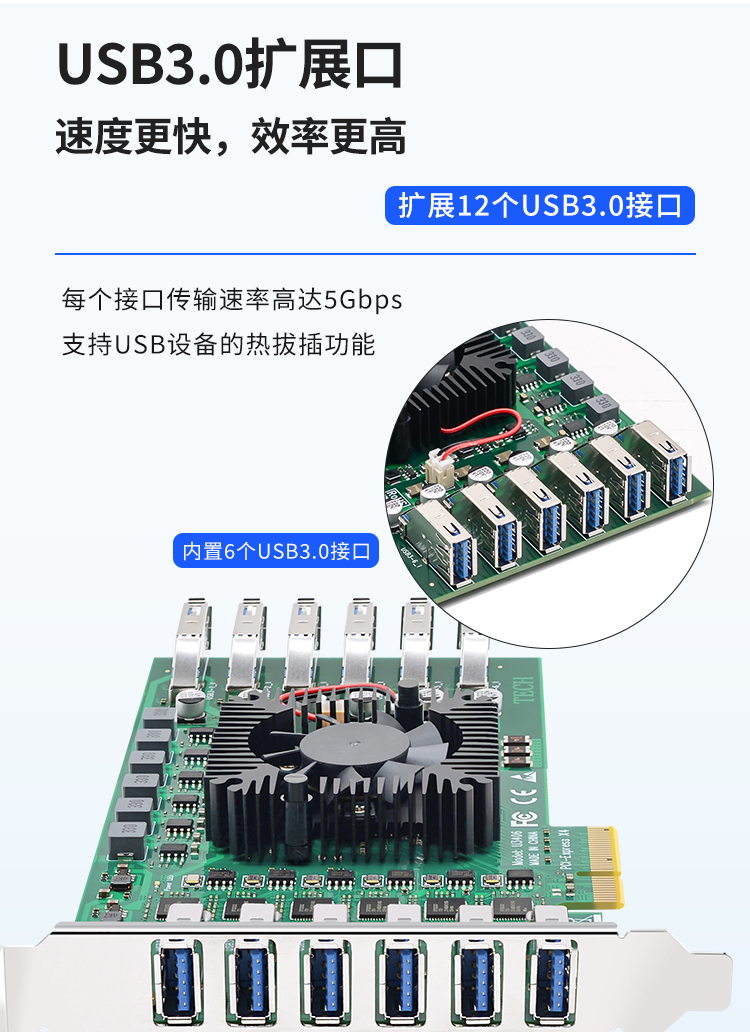 PCI-E X4 to 12-port USB3.0 expansion card (rear 6 ports + built-in 6 ports) independent six channels