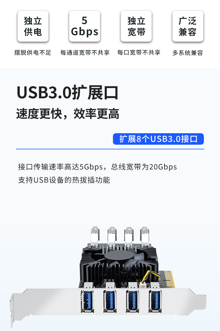 PCIE X4 to 8-port USB3.0 expansion card (inner 4 ports + rear 4 ports) independent four-channel bus 20G
