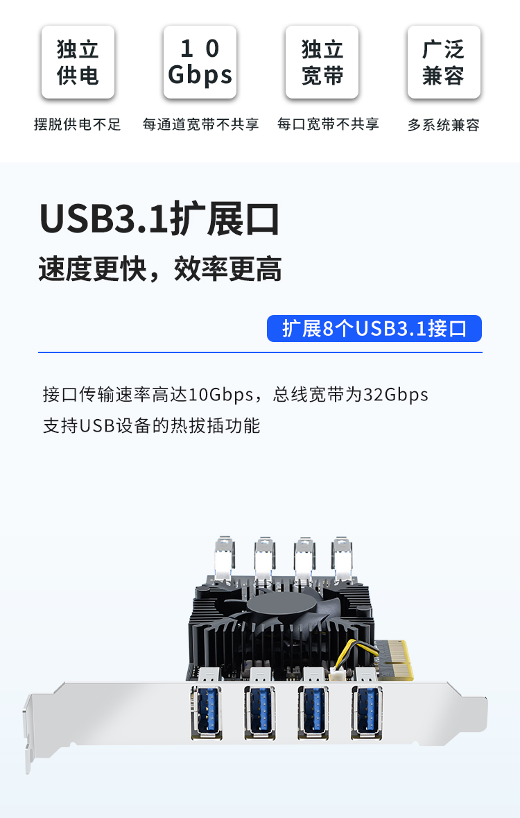 PCIE X4 to 8-port USB3.0 expansion card (inner 4 ports + rear 4 ports) independent four-channel bus 32G