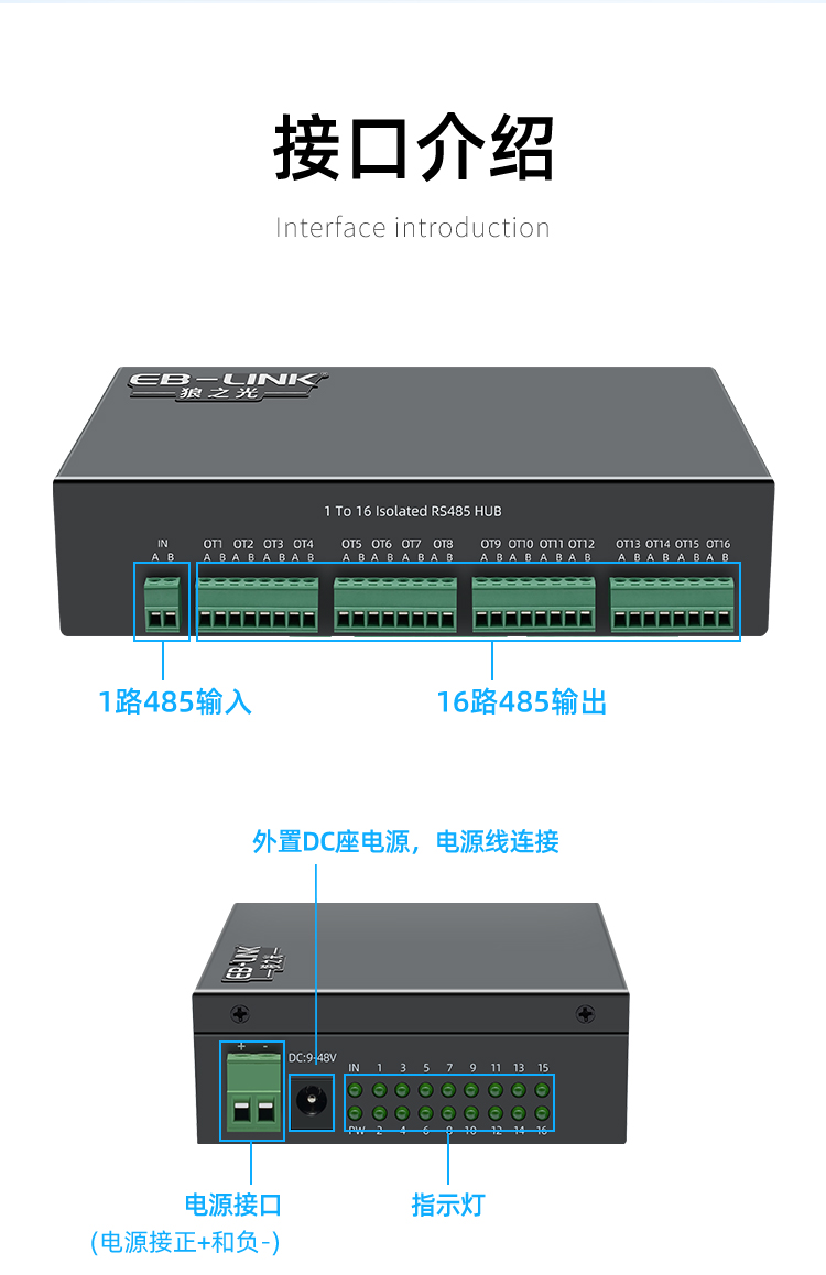 Industrial grade 16-port RS485 hub