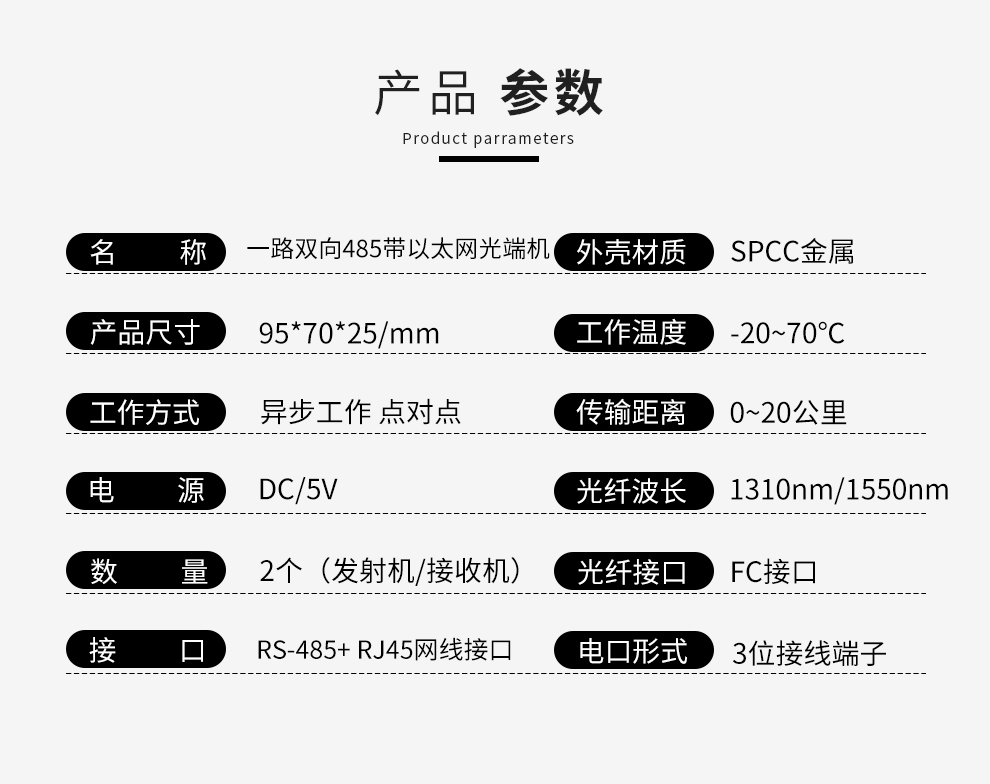 1 channel bidirectional 485 data + 1 channel 100M network optical transceiver