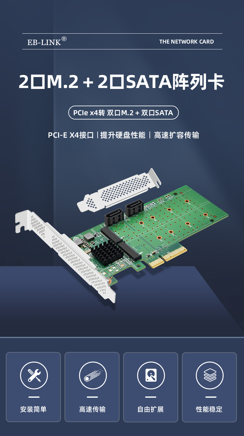PCI-EX4 to 2-port M.2+2-port SATA array card