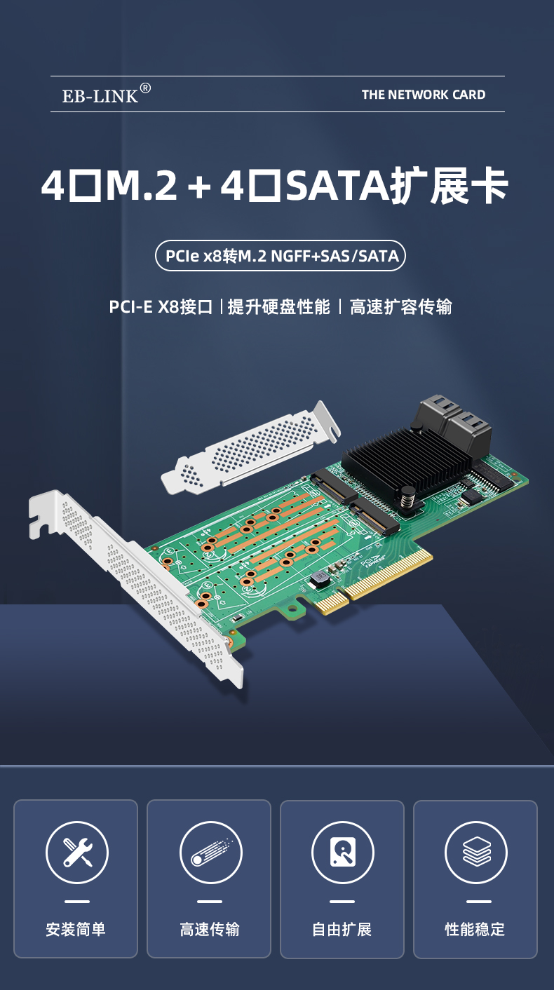 PCI-EX8 to 4-port M.2+4-port SATA expansion card