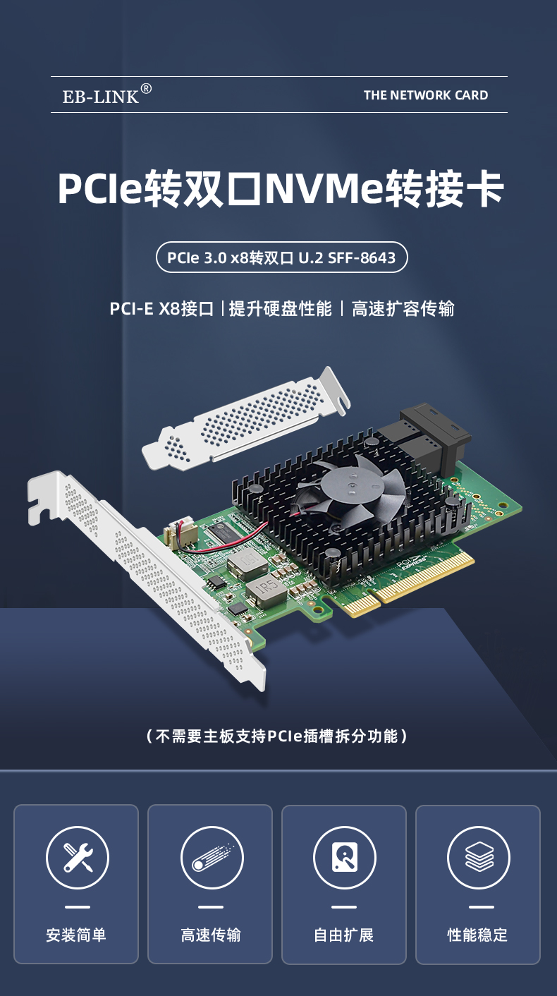 PCIE X8 to dual-port U.2 NVMe expansion card 8643 interface