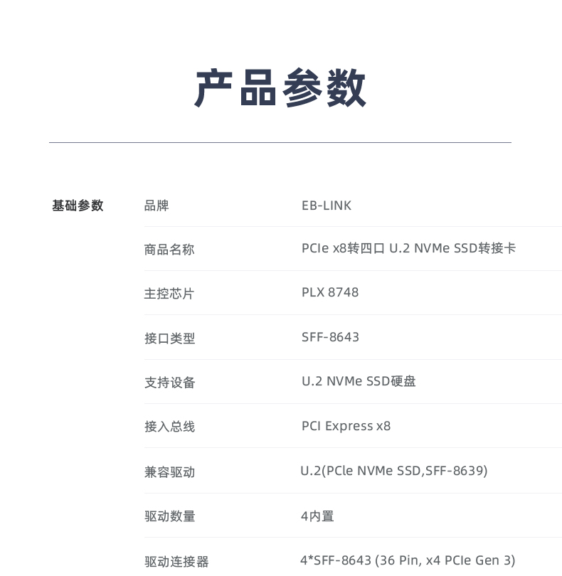 PCIE X8 to four-port U.2 NVMe expansion card 8643 interface